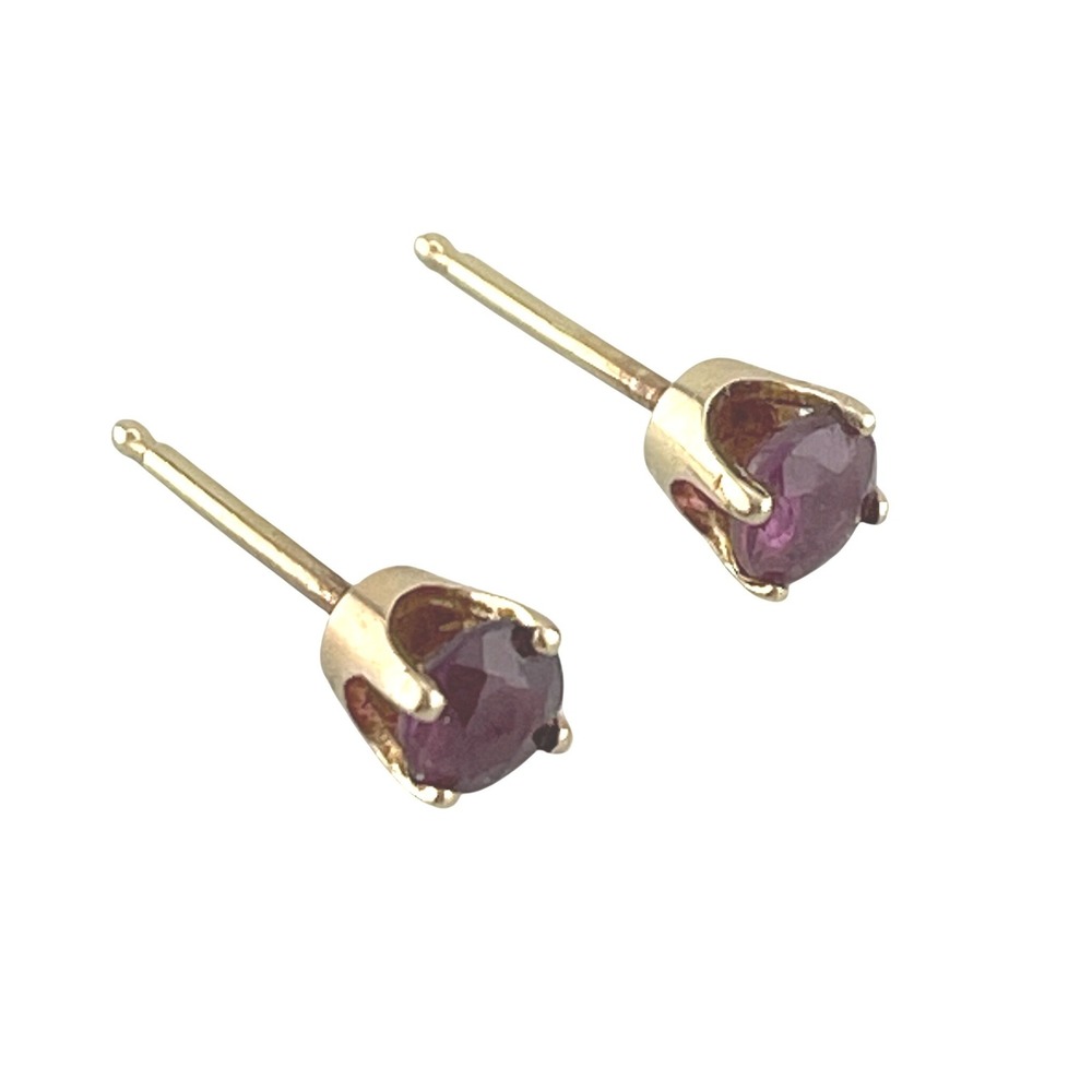Vintage 14K Gold Ruby Stud Earrings 4mm Round‎ Ruby Solitaire Basket Setting - Picture 9 of 16